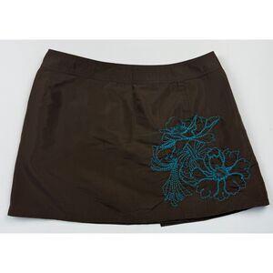 Brown Mini Skirt with Turquoise Floral Chain-Stitch Embroidery Y2K